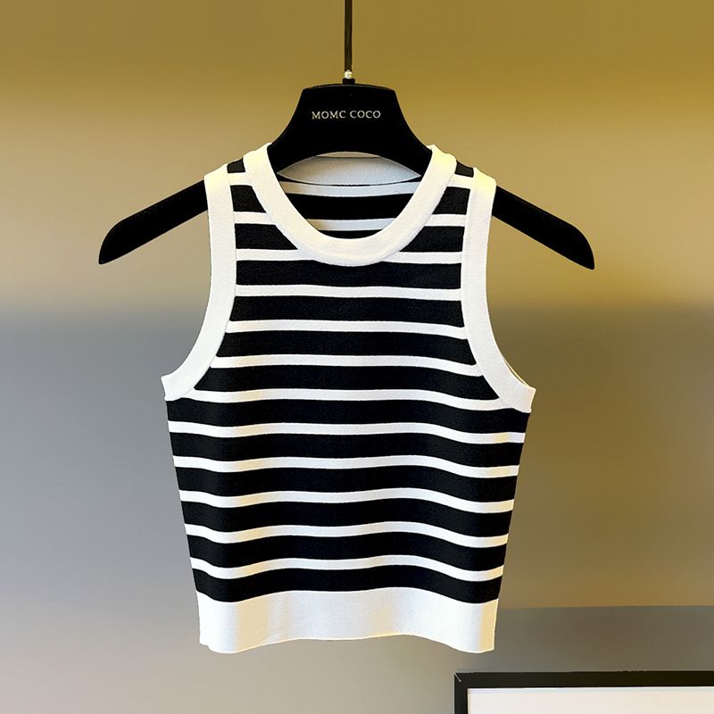 Europäische High-Version gestreifte gestrickte Camisole-Weste für Damen im Sommer Oberbekleidung Innenbekleidung mit einer Basis, Slim Fit und_voghion.com