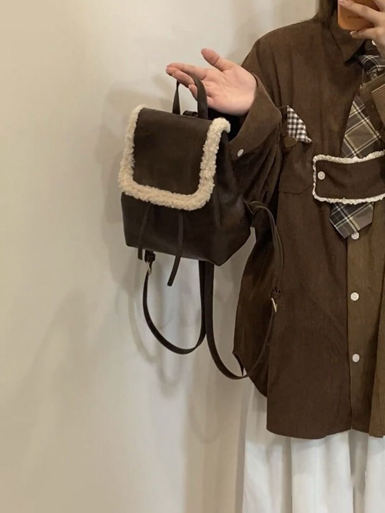2024 Winter New Plush Shoulder Korean Ins Simple and Versatile Lamb Wool Splicing Bag for Women_voghion.com