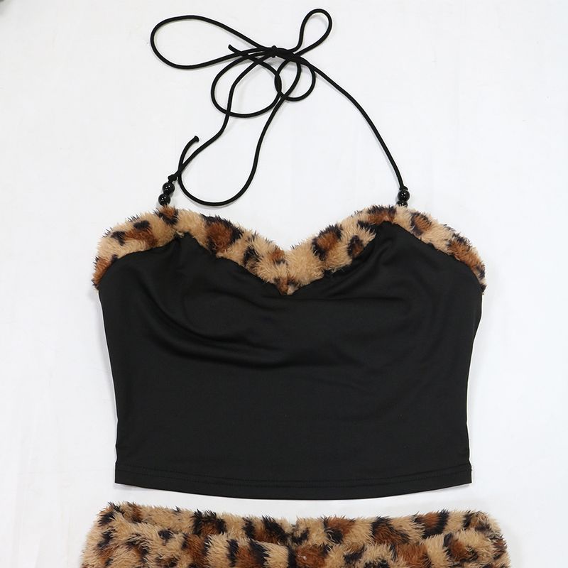Leopard Print Two-Piece Set Women's Sexy Tie-Front Crop Top & Mini Skirt_voghion.com