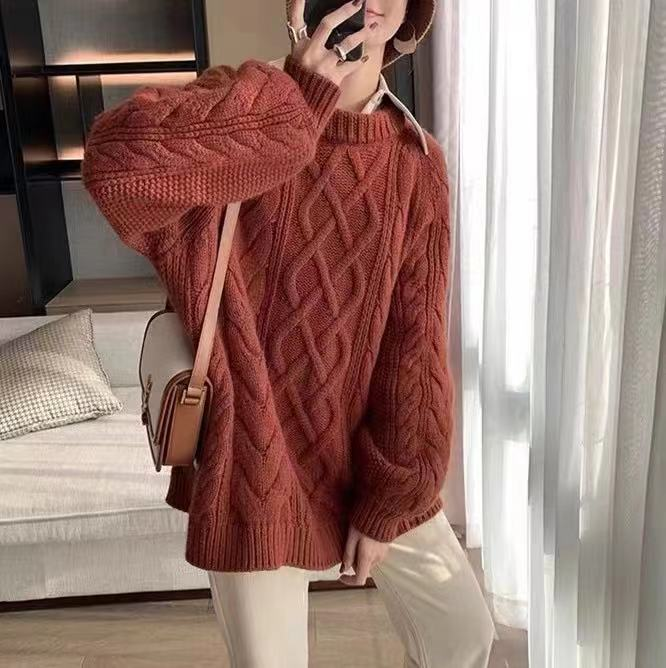 Maglione oversize in maglia a trecce – Pullover boho spesso con polsini arrotolati (misto acrilico, beige/giallo/bordeaux invernale, taglia unica dalla S alla L)_voghion.com