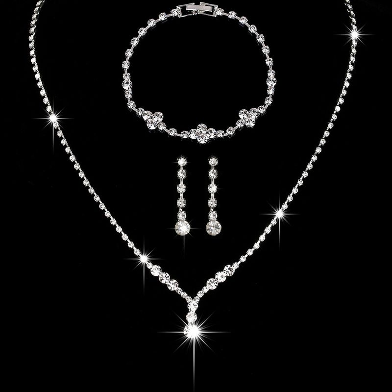 3-Piece Silver Bridal Jewelry Set - Necklace, Earrings & Bracelet For Wedding Party_voghion.com