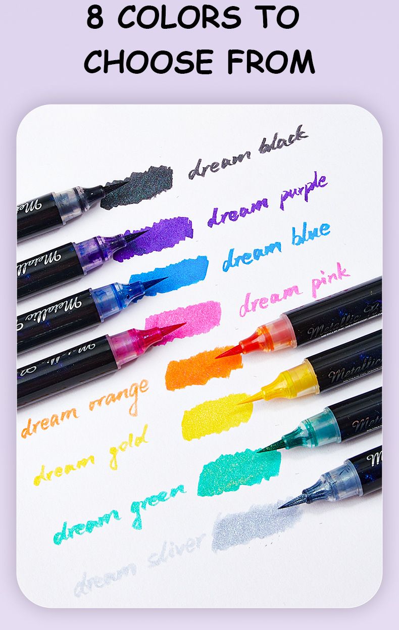 Set van 8 metallic penseelpennen met glitterflowinkt - zachte punt voor kalligrafie en kunst, voor tekenen, handletteren en schilderen_voghion.com
