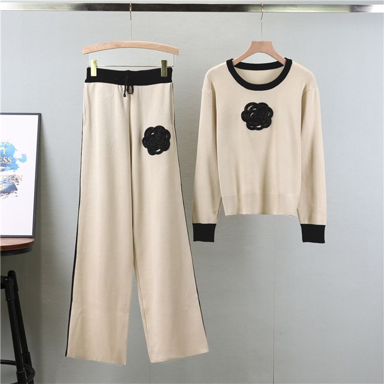 Women's Clothing autumn new camellia knitted suit women's round neck knitted sweater wide leg pants temperament two piece suit_voghion.com