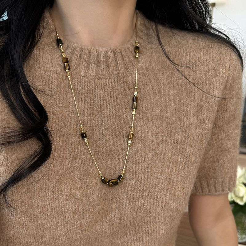 Collier Maillard en perles rondes œil de tigre pour femme, tendance automne-hiver, chaîne de pull polyvalente, niche_voghion.com