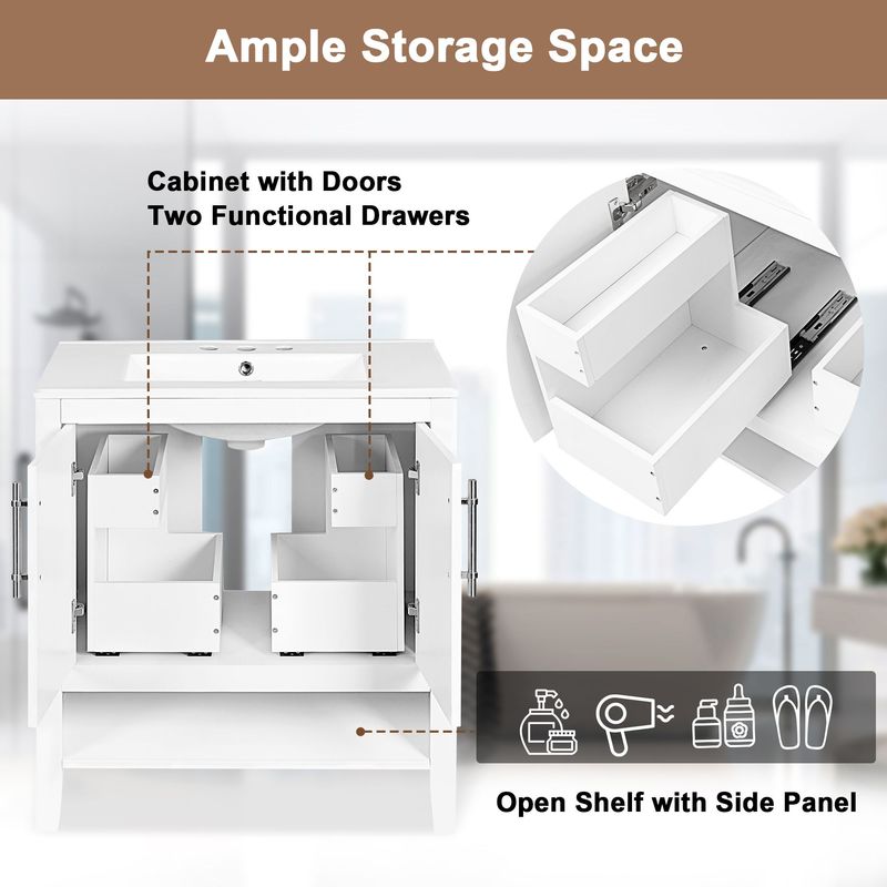 30" Bathroom Vanity With Sink, Multi-functional Bathroom Cabinet With Doors And Drawers, Solid Frame And MDF Board, White_voghion.com
