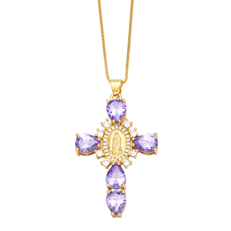 Micro Set Zircon Pendant Creative Personalized Virgin Cross Necklace Female Collar Chain nks01_voghion.com