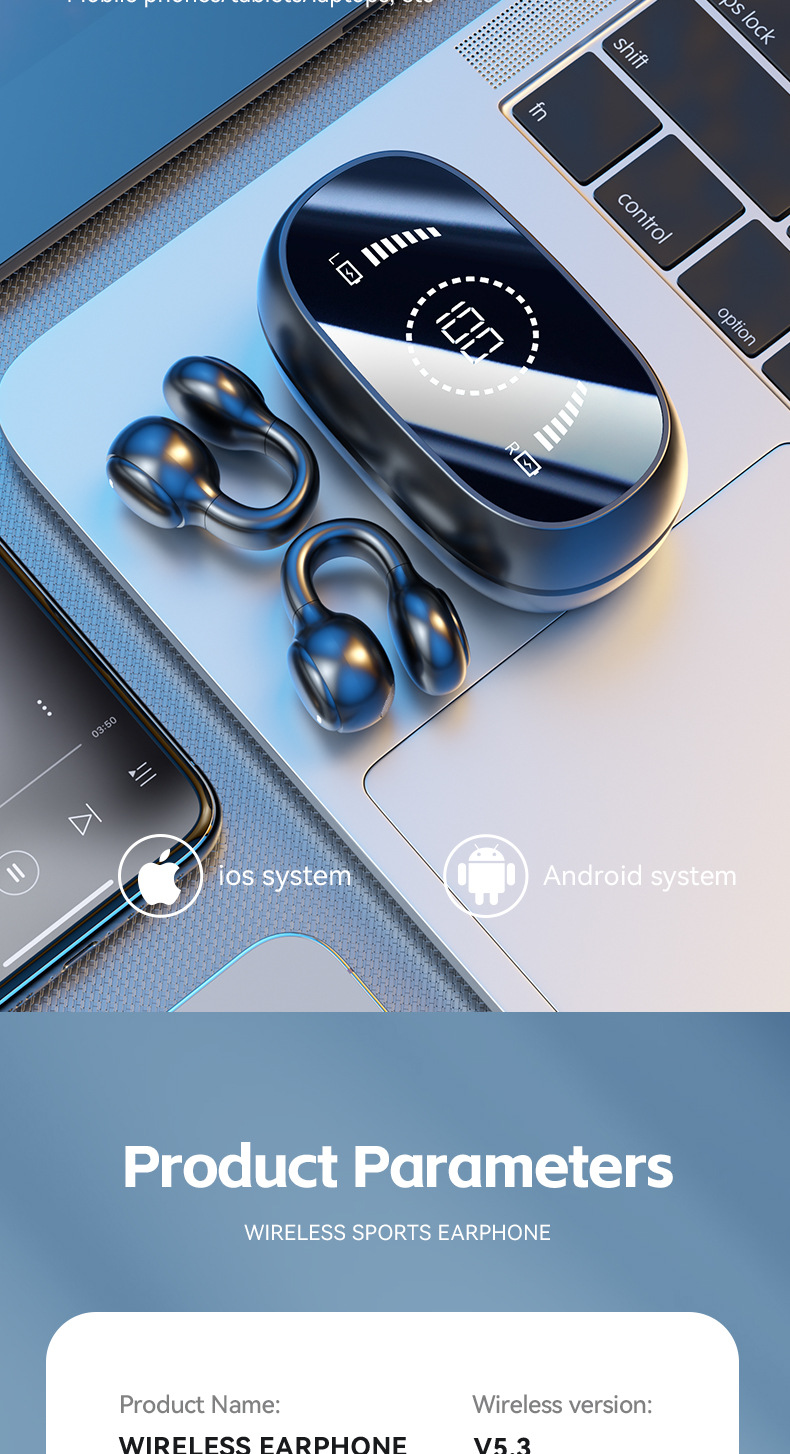 M47 Bone Conduction Earhook Bluetooth Headphones – Open-Fit Sports, Digital Display & Long Battery Life_voghion.com