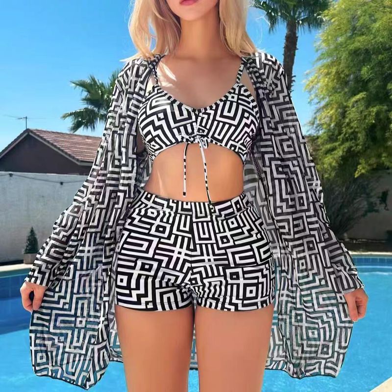 New Women's Two-Piece Swimsuit With Gathered Ruched Top And High-Waisted Swim Shorts Three-Piece Set_voghion.com