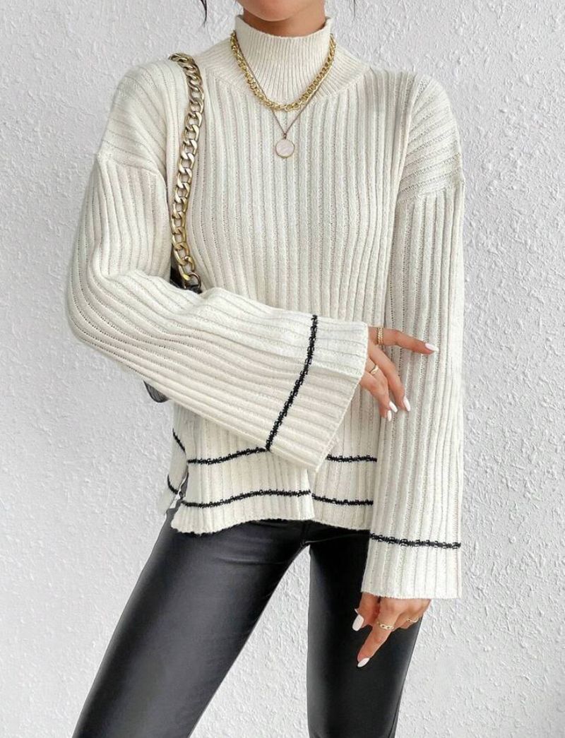 Women's Knit Sweater Long Sleeve Loose Fit Color Block Casual Pullover For Autumn - White, Beige, Black (XS/S/M/L)_voghion.com