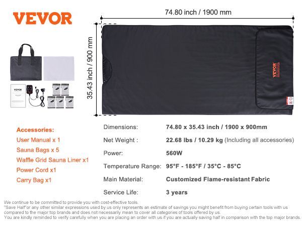 VEVOR Sauna Blanket For Detoxification, Portable Far Infrared Sauna For Home, PU Sauna Bag W/ Therapy Stones & Carbon Fiber Heating, 1-6 Level Adjustable Temp 95-185°F , 1-60 Minutes Timer, 75 X 35in_voghion.com