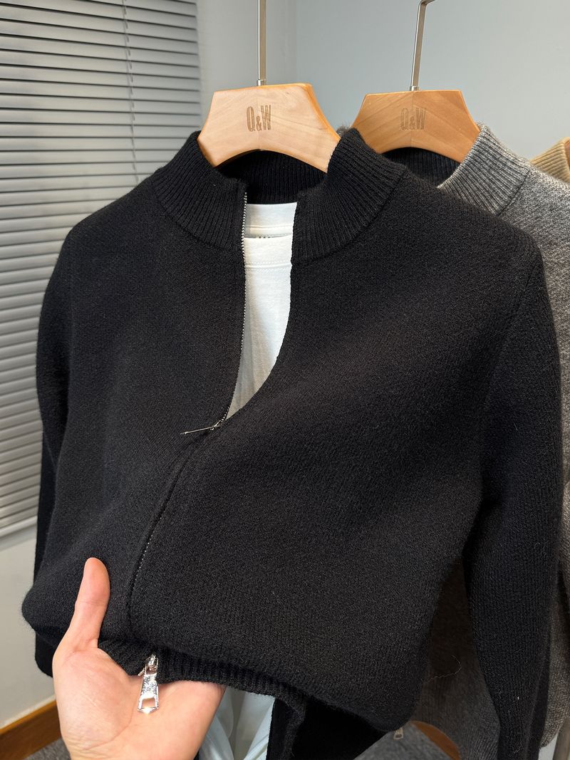 Men’s Thickened Zip-Up Knit Cardigan – Semi-Turtleneck Winter Sweater (M-3XL, Beige/Grey/Black)_voghion.com