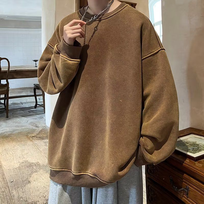 Neues gewaschenes und getragenes Vintage-Sweatshirt aus reiner Baumwolle mit Rundhalsausschnitt für Frühling und Herbst für Herren, lockere, lässige Langarmjacke_voghion.com