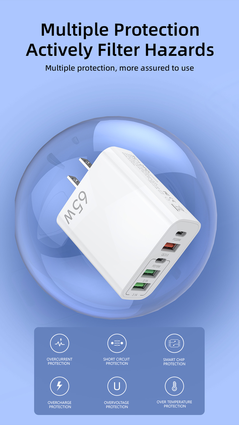 European multi mobile phone charger with dual circuit fast charging head 3USB+2C port, American standard five port_voghion.com