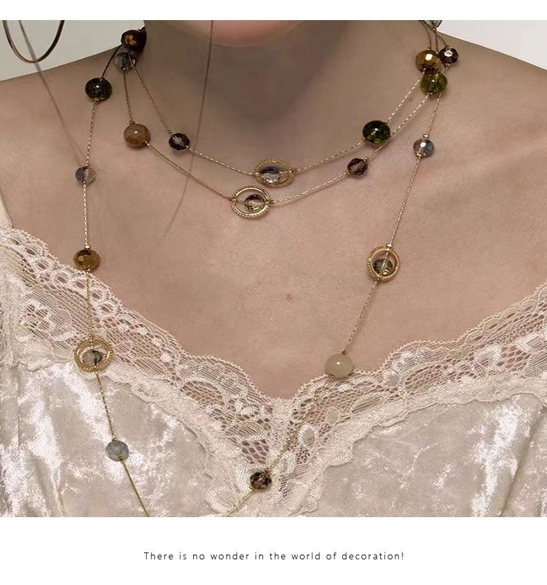 Collier carillon éolien nocturne à trois couches avec pompon, chaîne empilée, collier de perles à boule française de tempérament rétro pour femme_voghion.com