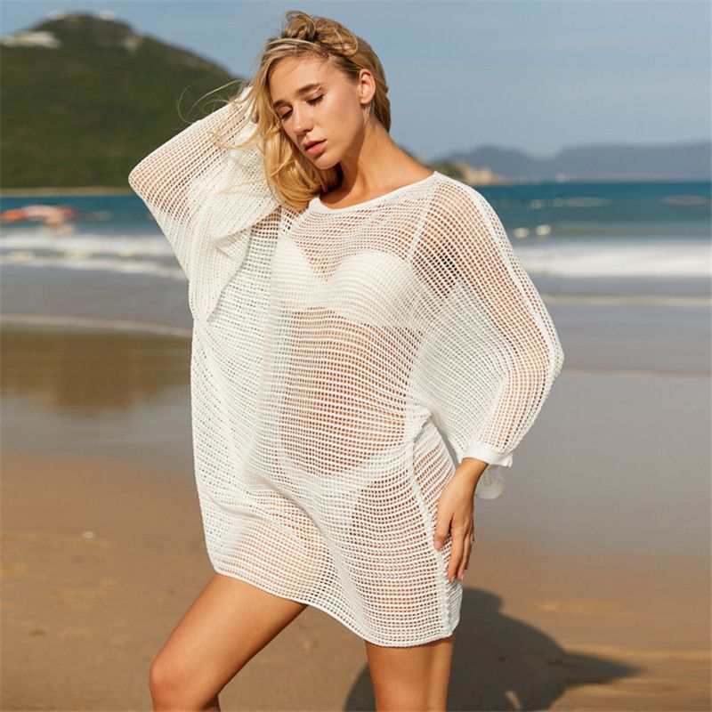 Damenbekleidung Elegantes Häkel-Strandkleid Sexy Spitzen-Kimono-Bikini-Wickelkleid Leichter Sonnenschutz Bademode Oberbekleidung, Weiß & Schwarz_voghion.com