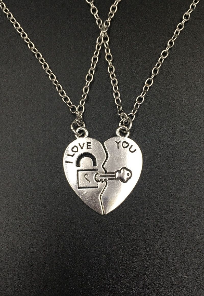 Unisex Lock head key heart splicing couple-style pair chain heart pendant necklace_voghion.com