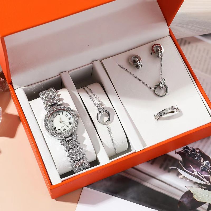 Damen Auer mat fënnef Deeler + Bracelet + Rank + Ouerréng + Halskette Moudeschachtel Quartz Auer mat Kaddo_voghion.com