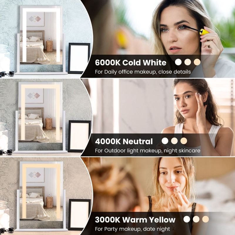 Vanity Mirror With Lights,3 Lighting Colors Dimmable Brightness Smart Touch Control 10X Magnifying Mirror 360°Rotation LED Lighted Makeup Mirror For Desk Bedroom Dressing Room_voghion.com