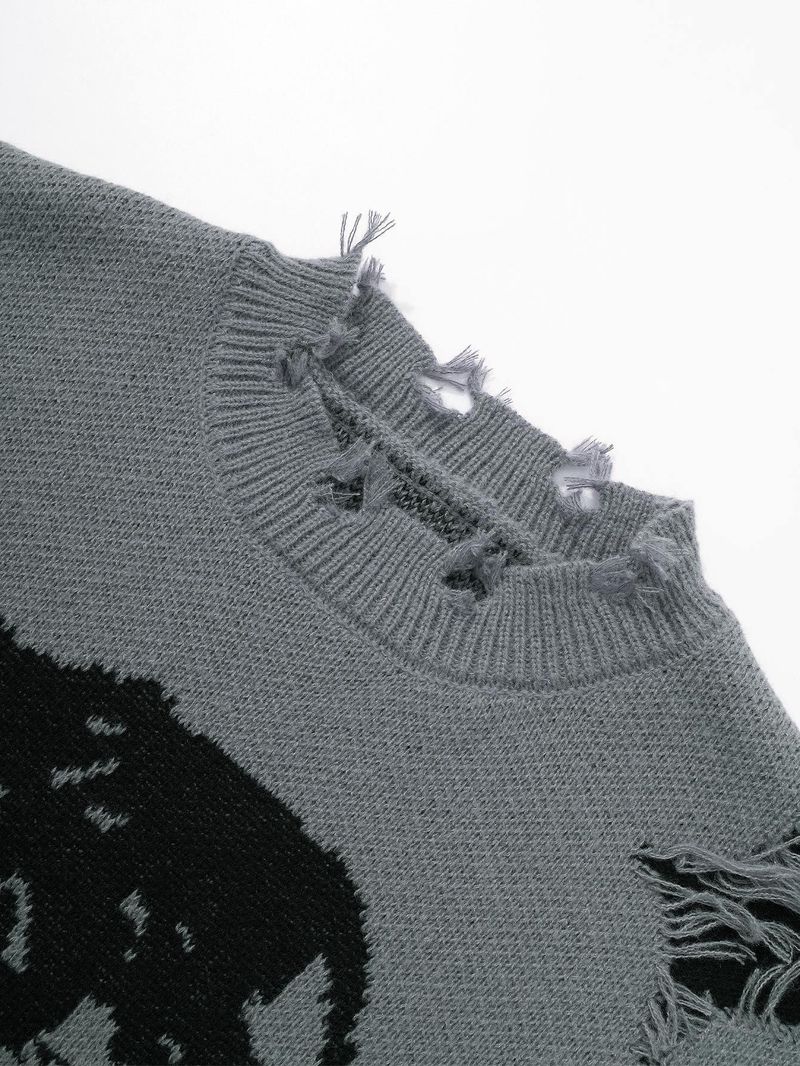 Pull en tricot effet vieilli pour homme – Épaules tombantes surdimensionnées, ourlet à franges et tissage texturé d'inspiration grunge (noir/gris/beige)_voghion.com