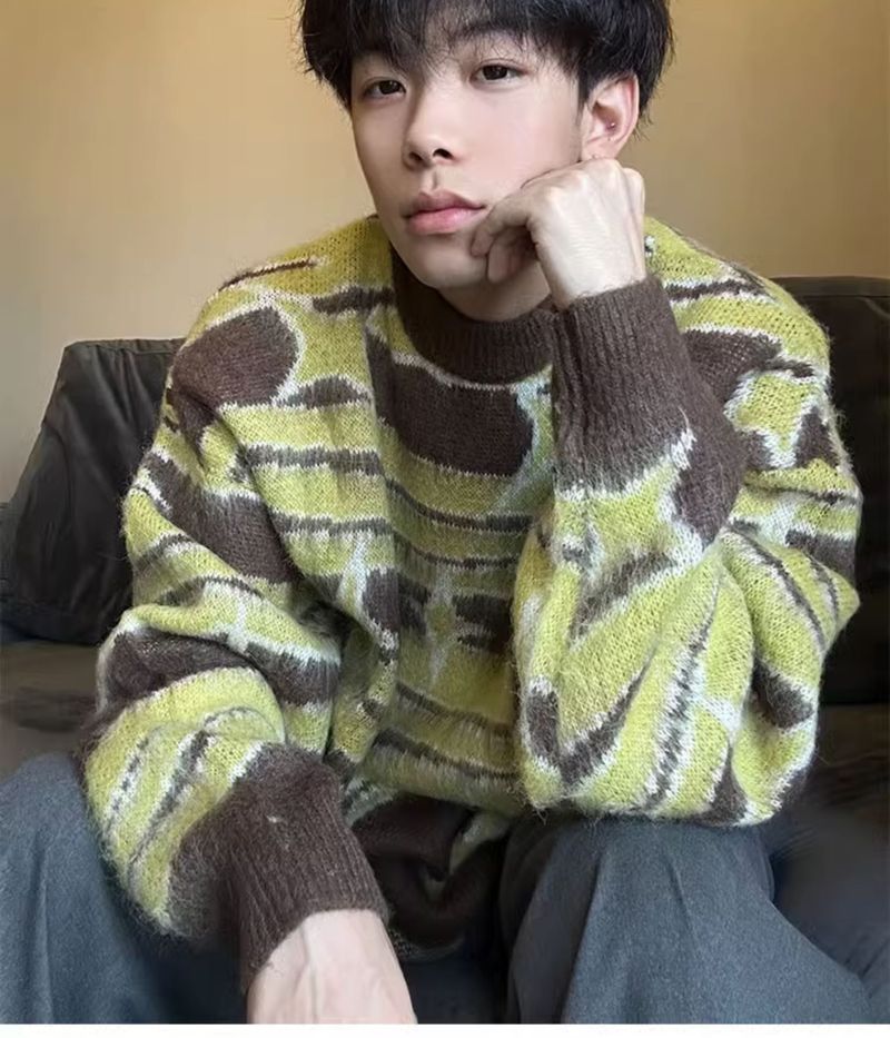 Pure Ginger Yellow Color-Block Striped Sweater For Men, Design Sense, Lazy Style, Seahorse Wool Inner Layer, Knitted Base_voghion.com