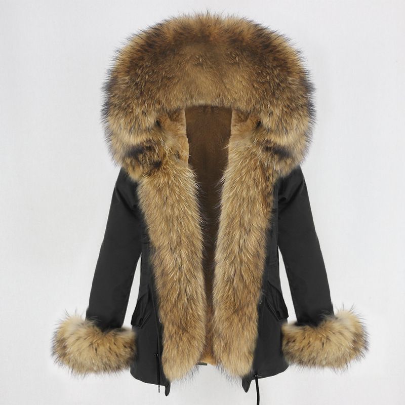 Damenbekleidung Parka im neuen Stil mit verdicktem Kunstpelzfutter, abnehmbarem echtem Waschbärpelz, großer Pelzkragenjacke, Pelzmantel_voghion.com