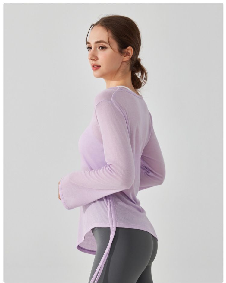 Felpa con cappuccio casual e ampia, maniche lunghe per coprire i glutei, top da donna con pieghe, t-shirt con coulisse, fitness Pilates_voghion.com