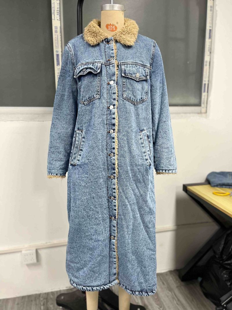 Giacca lunga oversize in denim da donna con fodera in pile - Cappotto invernale alla moda da strada_voghion.com