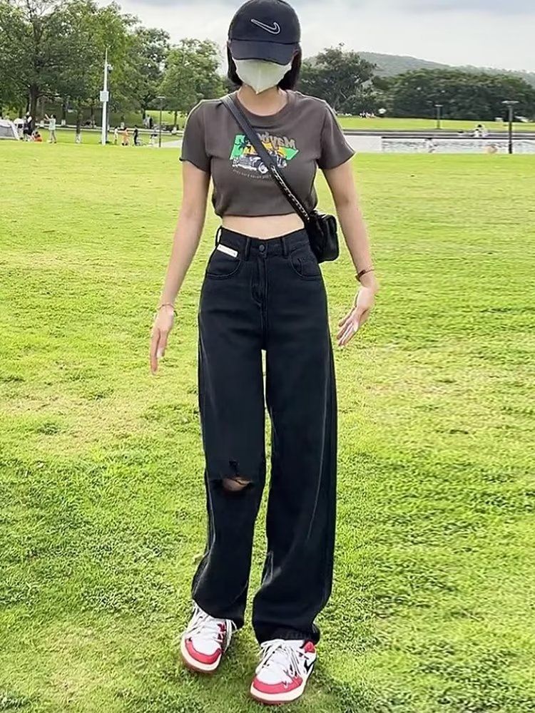 Model za nizko postavo, poletne kavbojke z raztrganimi luknjami, tanek kroj, plus size, debelejše, mm, visok pas, ozke in široke hlače za_voghion.com