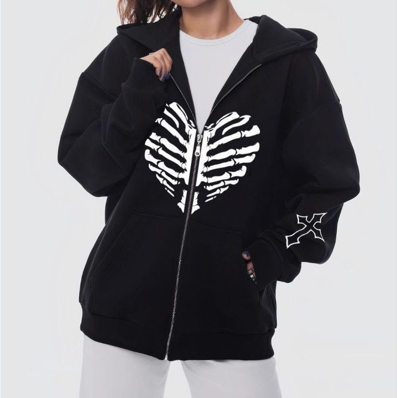 Felpa con cappuccio autunno inverno 2024 da donna Y2K con stampa in pile, giacca con cappuccio e cerniera_voghion.com