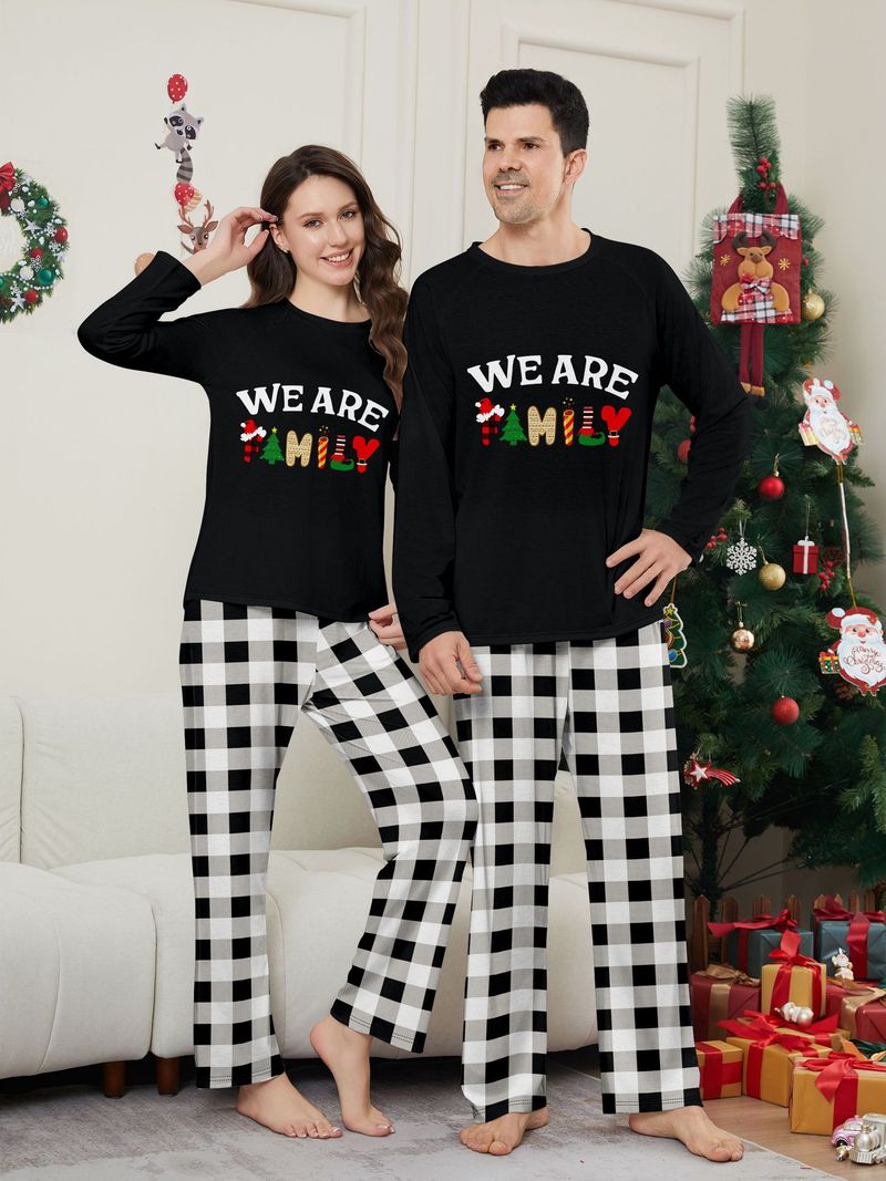 Family Matching Christmas Pajamas Set - Long Sleeve & Pants With Letter Print & Checkered Pattern - Cozy Homewear For Parents, Kids & Pets_voghion.com