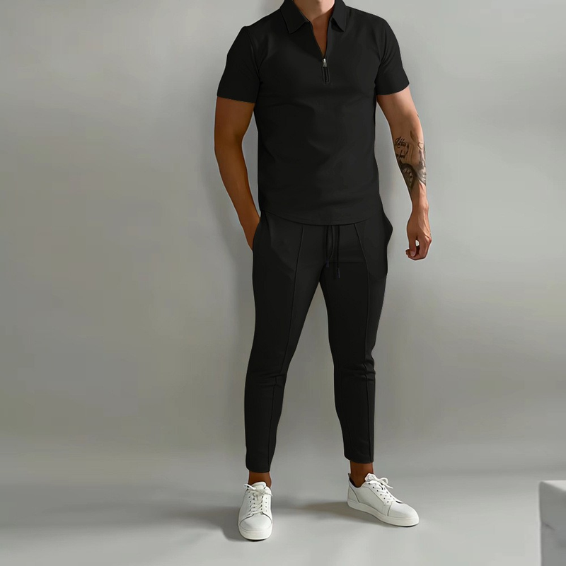 2024 Nieuwe 3D-geprinte effen polobroek met korte mouwen, casual set voor heren_voghion.com