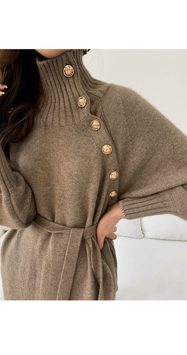 Abbigliamento da donna, abito lavorato a maglia con lacci in vita, maglione lungo versatile a collo alto dimagrante e sciolto per donna_voghion.com