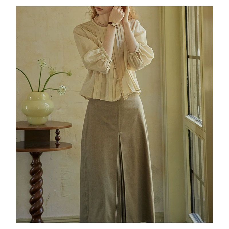 GraceChic, set di gonne a mezza manica chic di alta qualità, stile retrò coreano, camicia snellente e unica, moda autunno 2025_voghion.com