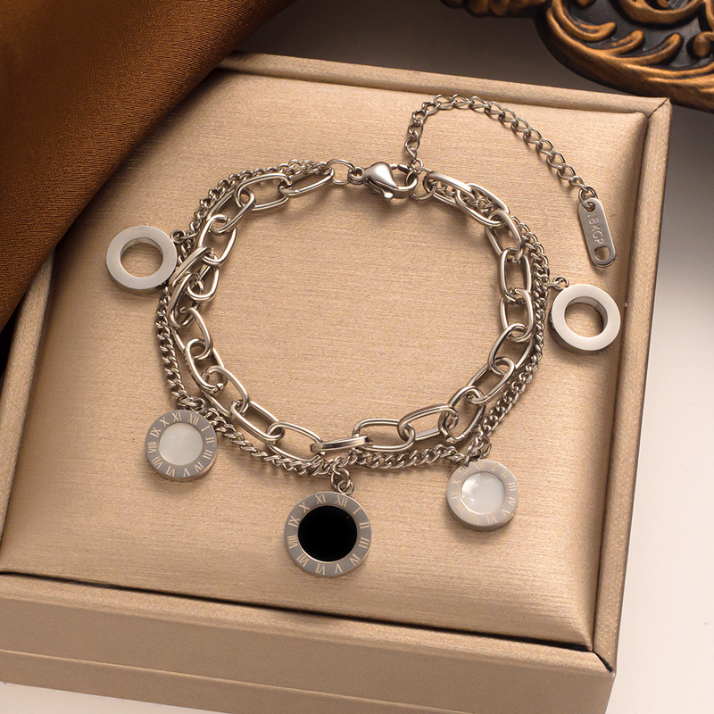 Designer round black and white shell Roman numerals bracelet with titanium steel plating double-layer hollow design fashionable _voghion.com