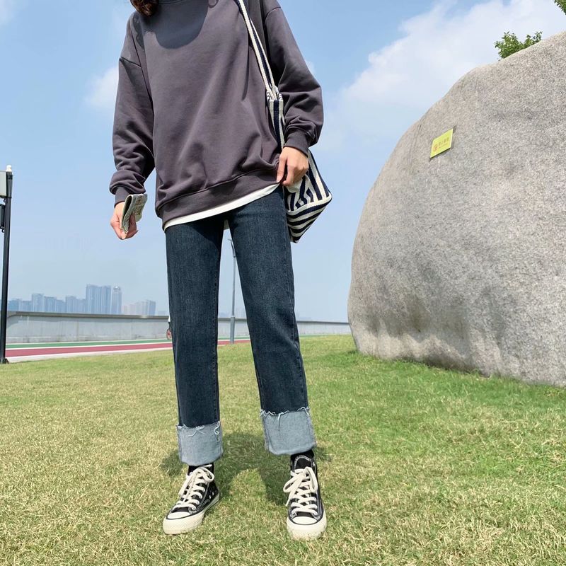 Gekräuselte tiefblaue Jeans für Studentinnen, koreanische Version lockere Hose mit hoher Taille, neuer Herbststil für Mädchen, gerade_voghion.com