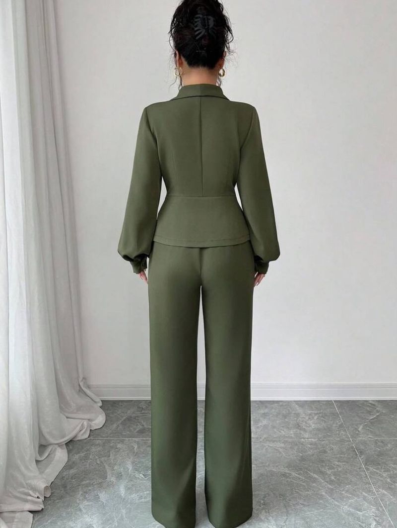 Completo blusa e pantaloni dolce e sofisticato – Completo da ufficio a maniche lunghe verde militare con maniche a lanterna (S-Xxl)_voghion.com