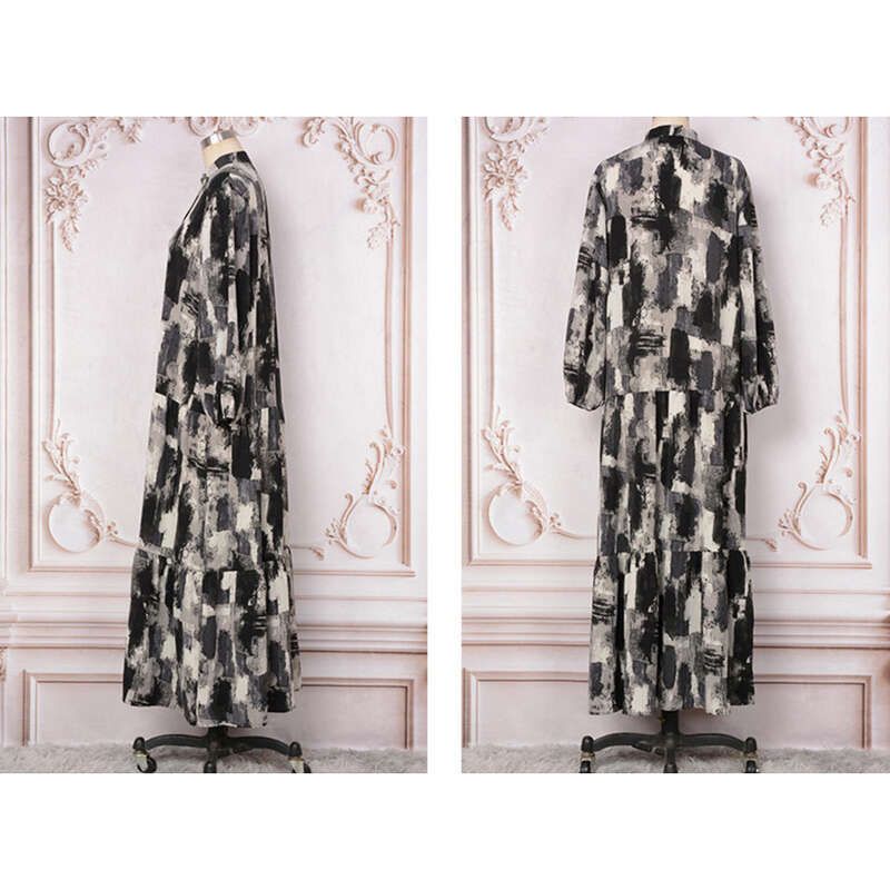 2025 Women's Ink Style Dress With Stand Up Collar And Slim Fit Long Dress, Muslim Islamic Kaftan Clothing 6Be_voghion.com