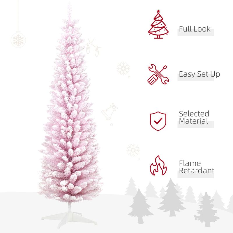 6ft Snow Flocked Artificial Pencil Christmas Tree, Slim Xmas Tree With Realistic Branches And Plastic Base Stand For Indoor Decoration, Pink_voghion.com