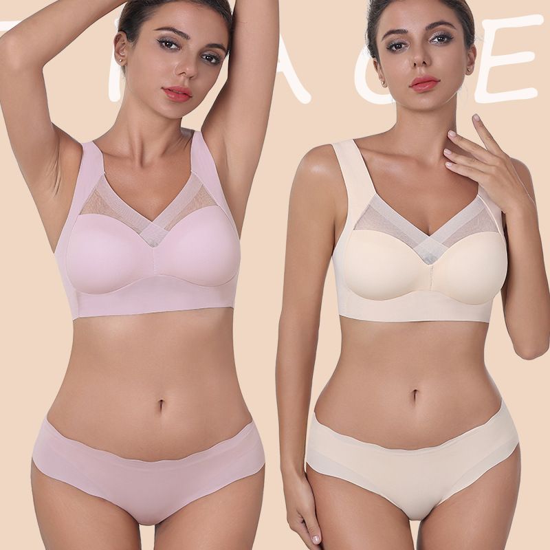 Ensemble soutien-gorge une pièce grande taille à bonnets fixes en soie glacée, dos fin et sans coutures, pour femmes_voghion.com