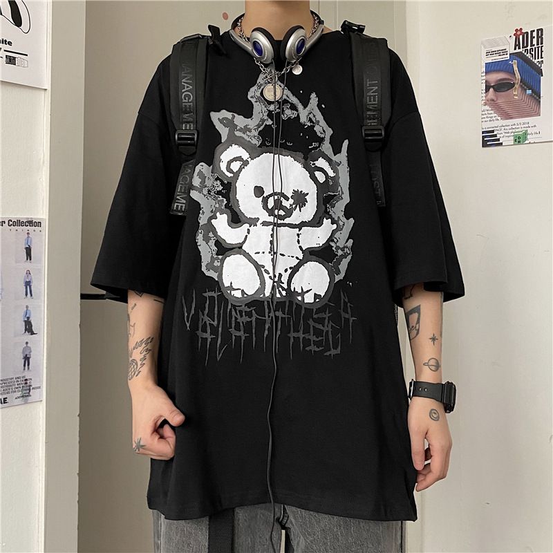 Men's Clothing summer new fashion brand pure cotton bear cartoon print men's Korean loose short sleeved T shirt men's couple wear_voghion.com