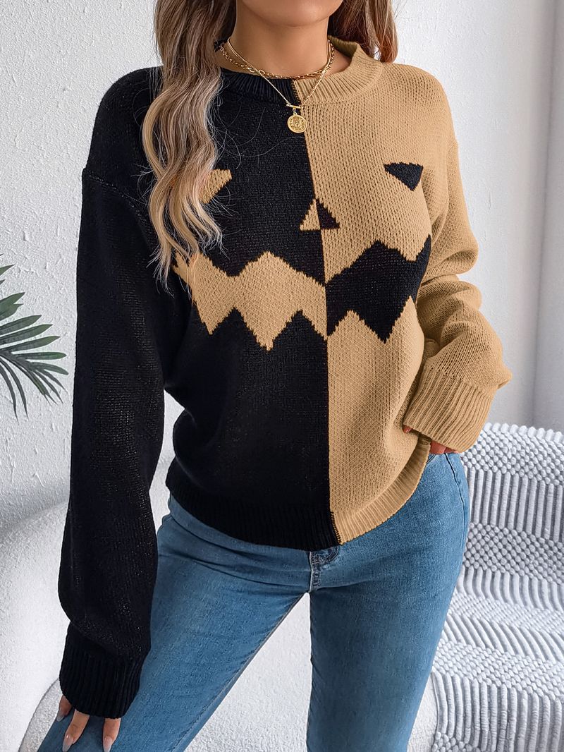 Autumn Winter Halloween Ghost Pumpkin Color-Block Long Sleeve Pullover Sweater Women's Fashion_voghion.com