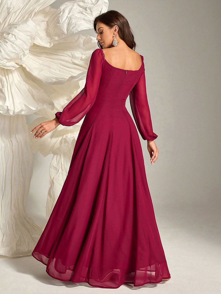Vestido de noite feminino em chiffon bordô com mangas lanterna, elegante vestido de festa em corte A com cintura alta para banquetes e ocasiões formais_voghion.com