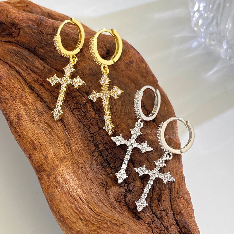 Ins Style Diamond-Studded For Women French Light Luxury Super Shiny Cross Hoop Fashion Earrings_voghion.com