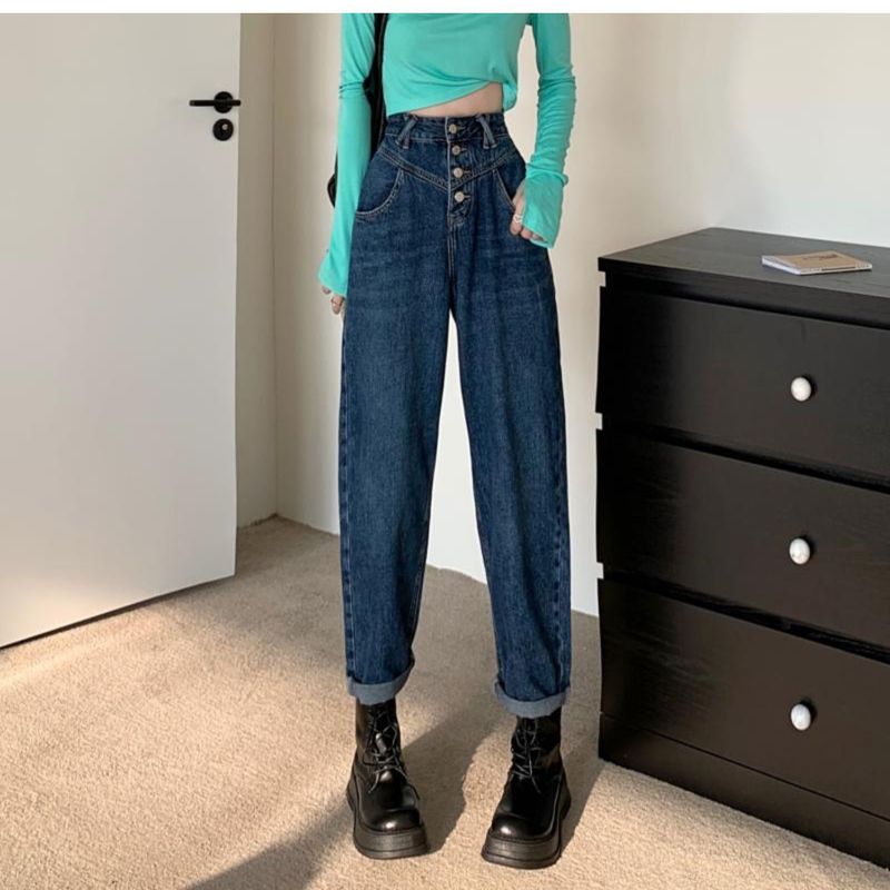 Printemps et automne petits jeans à jambes larges style américain nouveau tube droit taille haute lâche gros pantalon papa soeur grande taille_voghion.com