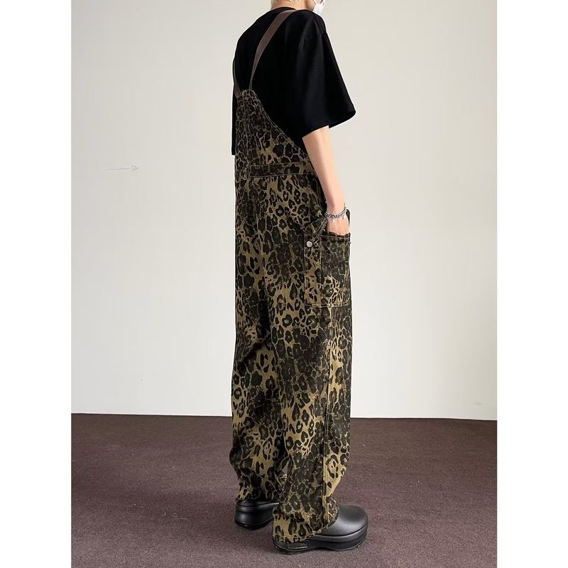 American High Street Leopard Print Denim Overalls For Men In Spring And Autumn, Loose Design, Niche Straight Wide Leg_voghion.com