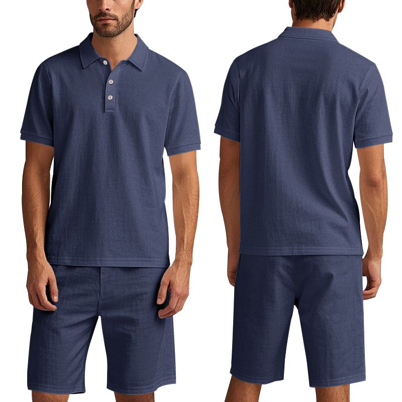 Ensemble polo et short de plage à manches courtes pour homme, style américain, ample, décontracté, respirant, en lin_voghion.com