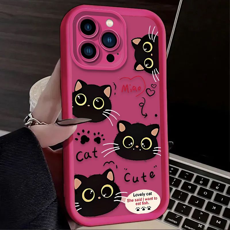 Custodia per telefono con gatto nero con grandi occhi per iPhone 16 15 14 13 12 11 Pro Max X XS X S Max XR SE 2020 7 8 Plus Custodia antiurto in silicone_voghion.com