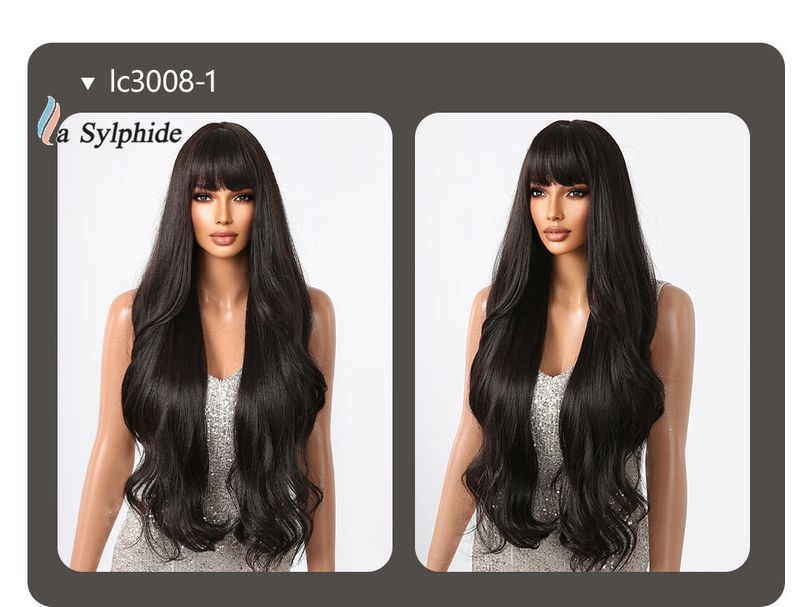 Parrucca con extension per capelli, frangia a onde grandi, capelli lunghi e ricci, sfumatura platino, simulazione atmosfera, fibra chimica, donna_voghion.com