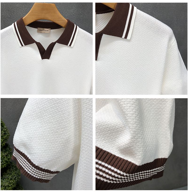 Maglietta estiva da uomo, a maniche corte, con scollo a V e colori a contrasto, vestibilità slim, polo con risvolto e maglia testurizzata_voghion.com