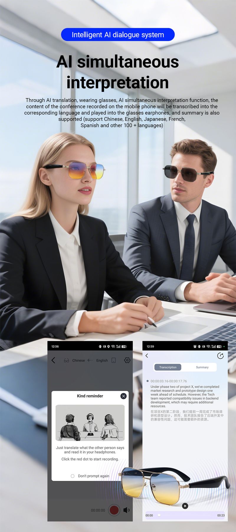 Smart Bluetooth Glasses With 100+ Language Translation, Music Playback & Call Function For Men And Women Smart Glasses_voghion.com